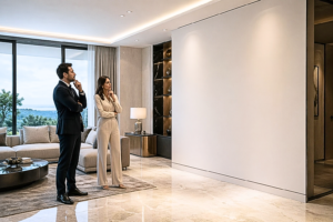 Couple contemplating what art from AgapeHomely.com to put on their large living room wall